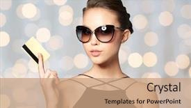  Presentation with black luxury fashion - Audience pleasing PPT theme consisting of shopping finances fashion people and luxury concept - beautiful young woman in elegant black sunglasses with credit card over holidays lights background backdrop and a coral colored foreground