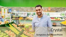  Presentation with consumerism - Audience pleasing slides consisting of shopping food sale consumerism and people concept - happy man buying green apples at grocery store or supermarket backdrop and a coral colored foreground