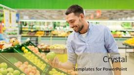  Presentation with consumerism - Cool new slide deck with shopping food sale consumerism and people concept - happy man buying green apples at grocery store or supermarket backdrop and a yellow colored foreground