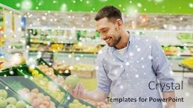  Presentation with consumerism - PPT layouts enhanced with shopping food sale consumerism and people concept - happy man buying green apples at grocery store or supermarket over snow background and a light gray colored foreground