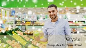  Presentation with consumerism - Colorful PPT theme enhanced with shopping food sale consumerism and people concept - happy man buying green apples at grocery store or supermarket over snow backdrop and a yellow colored foreground