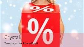  Presentation with percent - Colorful presentation theme enhanced with shopping gifts christmas x-mas concept - smiling woman in santa helper hat with red percent sale sign backdrop and a red colored foreground