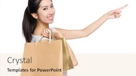  Presentation with finger point - Colorful theme enhanced with shopping girl with paper bag and finger point to aside backdrop and a lemonade colored foreground