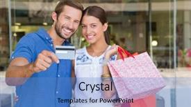  Presentation with young happy couple - Audience pleasing presentation design consisting of shopping holding a credit card backdrop and a teal colored foreground