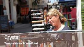  Presentation with woman pushing shopping trolley - Amazing slide deck having shopping in seaside resort shops backdrop and a  colored foreground