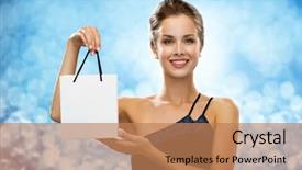  Presentation with blue lights - Theme enhanced with shopping luxury advertisement holydays and sale concept - smiling woman with white blank shopping bag over blue lights background background and a coral colored foreground