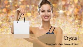  Presentation with golden lights - Presentation design featuring shopping luxury advertisement people and sale concept - smiling woman with white blank shopping bag over golden holydays lights background background and a coral colored foreground