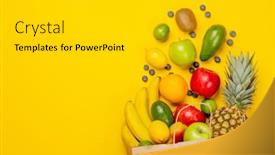  Presentation with yellow paper - Presentation theme featuring shopping-paper-bag-full background and a light gray colored foreground