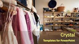  Presentation with clothes shop - Beautiful presentation design featuring shopping retail - clothes hanging on a rail backdrop and a tawny brown colored foreground