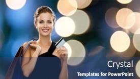  Presentation with banking - Cool new PPT theme with shopping sale banking money and holidays concept - smiling woman in dress with shopping bags and credit card over black background backdrop and a ocean colored foreground