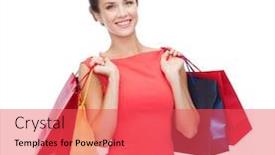  Presentation with christmas sale - Slides having shopping sale christmas and holiday concept - smiling elegant woman in red dress with shopping bags background and a red colored foreground