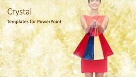  Presentation with christmas sale - PPT theme having shopping sale christmas and holidays concept - smiling elegant woman in red dress with shopping bags over yellow lights background background and a cream colored foreground