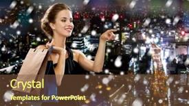  Presentation with christmas sale - Slides featuring shopping sale christmas people and holidays concept - smiling woman in evening dress with shopping bags pointing finger over snowy night city background background and a tawny brown colored foreground