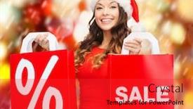  Presentation with christmas sale - Presentation theme with shopping sale gifts christmas x-mas concept - smiling woman in red dress and santa helper hat with shopping bags background and a red colored foreground