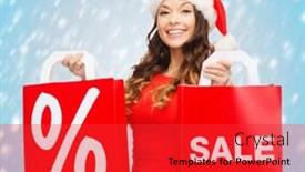  Presentation with christmas sale - Colorful presentation enhanced with shopping sale gifts christmas x-mas concept - smiling woman in red dress and santa helper hat with shopping bags backdrop and a red colored foreground