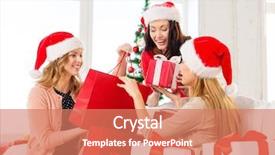  Presentation with christmas sale - PPT layouts having shopping sale gifts christmas x-mas concept - smiling women in santa helper hats with shopping bags and many gift boxes background and a coral colored foreground