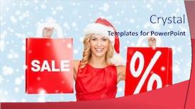  Presentation with christmas sale - Beautiful theme featuring shopping sale gifts christmas x-mas concept - smiling woman in red dress and santa helper hat with shopping bags backdrop and a sky blue colored foreground