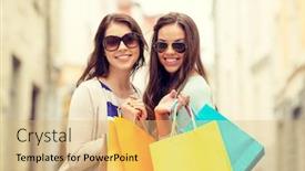  Presentation with tourism - Slide deck having shopping sale happy people and tourism concept - smiling girls in sunglasses with shopping bags in ctiy background and a yellow colored foreground