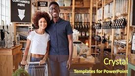  Presentation with shopping trolley - Slide deck with shopping trolley buying fresh vegetable background and a tawny brown colored foreground