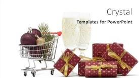  Presentation with flutes - Presentation theme featuring shopping trolley champagne flutes gift boxes and christmas decoration isolated on white background christmas and new year shopping winter sale background and a white colored foreground