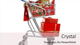  Presentation with shopping trolley - Presentation theme with shopping trolley full of gift wrapped christmas presents isolated on a white background background and a lemonade colored foreground
