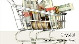  Presentation with shopping trolley - Slide deck with shopping trolley with dollars and ukrainian coins isolated on white background and a soft green colored foreground