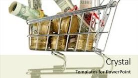  Presentation with shopping trolley - Slides enhanced with shopping trolley with dollars and ukrainian coins isolated on white background and a soft green colored foreground