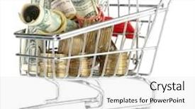  Presentation with shopping trolley - Amazing slides having shopping trolley with dollars and ukrainian coins isolated on white backdrop and a white colored foreground
