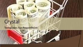  Presentation with shopping trolley - Beautiful theme featuring shopping trolley with dollars on dark background backdrop and a soft green colored foreground