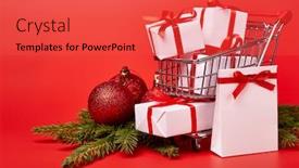  Presentation with christmas sale - PPT layouts consisting of shopping trolley with gift boxes and brenches of fir-tree with decoration on a red background christmas and new year sale background and a red colored foreground