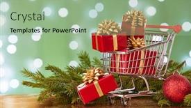  Presentation with boxes light - Audience pleasing PPT theme consisting of shopping trolley with gift boxes and brenches of fir-tree with decoration on a green background with light of garland christmas and new year sale backdrop and a mint green colored foreground