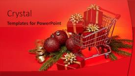  Presentation with christmas sale - Colorful PPT layouts enhanced with shopping trolley with gift boxes and brenches of fir-tree with decoration on a red background christmas and new year sale backdrop and a red colored foreground