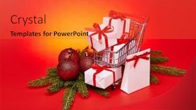  Presentation with christmas sale - Cool new presentation with shopping trolley with gift boxes and brenches of fir-tree with decoration on a red background christmas and new year sale backdrop and a red colored foreground