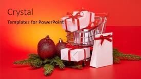  Presentation with christmas sale - Beautiful presentation theme featuring shopping trolley with gift boxes and brenches of fir-tree with decoration on a red background christmas and new year sale backdrop and a red colored foreground