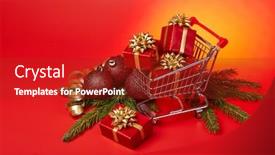  Presentation with christmas sale - PPT theme enhanced with shopping trolley with gift boxes and brenches of fir-tree with decoration on a red background christmas and new year sale background and a tawny brown colored foreground