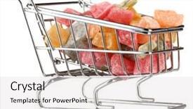  Presentation with shopping trolley - Theme consisting of shopping trolley with jelly candies isolated on white background and a light gray colored foreground