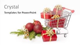 Presentation with christmas sale - Audience pleasing slide deck consisting of shopping trolley with red gift boxes and brenches of fir-tree with decoration on a white background christmas and new year sale backdrop and a white colored foreground