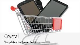  Presentation with shopping trolley - PPT theme with shopping trolley with smart phones background and a light gray colored foreground