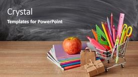  Presentation with shopping trolley - Colorful PPT theme enhanced with shopping-trolley-with-stationery-accessories backdrop and a dark gray colored foreground