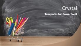  Presentation with shopping trolley - Beautiful PPT theme featuring shopping-trolley-with-stationery-accessories backdrop and a dark gray colored foreground