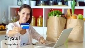  Presentation with online grocery shopping - Presentation theme featuring shopping using tablet and credit background and a  colored foreground
