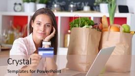  Presentation with money online shopping - Presentation theme having shopping using tablet and credit background and a  colored foreground