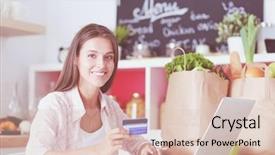  Presentation with online shopping - Audience pleasing theme consisting of shopping using tablet and credit backdrop and a  colored foreground