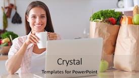  Presentation with online shopping and delivery - PPT layouts featuring shopping using tablet and credit background and a coral colored foreground