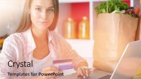  Presentation with online shopping - Audience pleasing PPT layouts consisting of shopping using tablet and credit backdrop and a  colored foreground