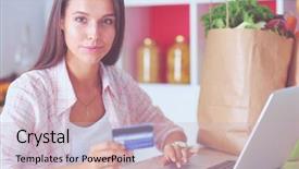  Presentation with online shopping and delivery - Beautiful PPT theme featuring shopping using tablet and credit backdrop and a  colored foreground