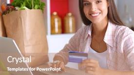  Presentation with earn money for shopping online - Cool new presentation theme with shopping using tablet and credit backdrop and a coral colored foreground