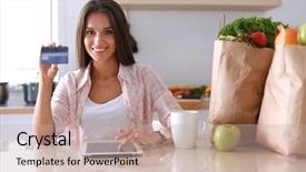  Presentation with online grocery shopping - Slide set featuring shopping using tablet and credit background and a  colored foreground