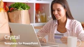  Presentation with online grocery shopping - Slide set featuring shopping using tablet and credit background and a coral colored foreground