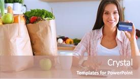  Presentation with online shopping and delivery - Cool new PPT theme with shopping using tablet and credit backdrop and a coral colored foreground